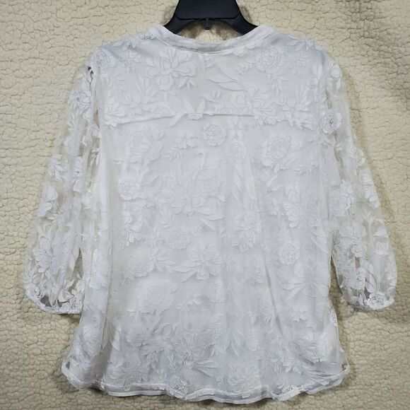 Siren Lily White Floral Lined Sheer Lace 3/4 Sleeve Open V Neck Blouse 2X - Picture 6 of 16